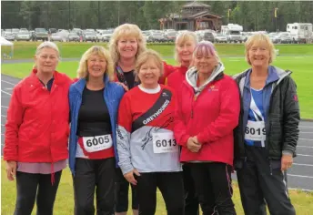  ?? CITIZEN PHOTO BY BOB DALGLEISH ?? Some of the lady throwers 55 to 69 years old at the 2018 BC 55+ Games right after competing in the shot put Friday morning. From right Yvonne Dribblee, Nola Hendrie, Christine Hinzmann (back row), Joyce Essex, Marlene Johnston (back row), Joan Harris and Terri Jones.