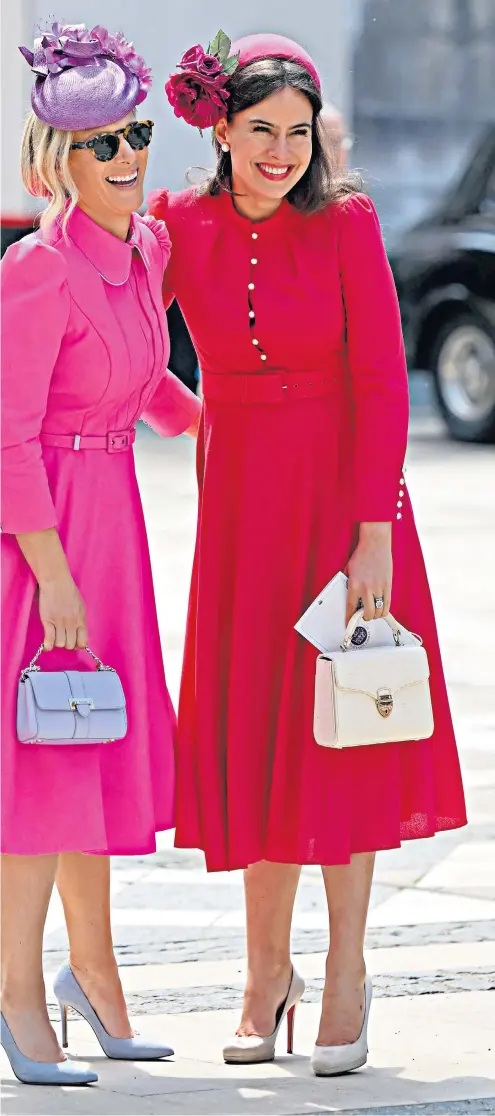  ?? ?? Clockwise from top left: Carrie Johnson stood out from the crowd in scarlet; Zara Tindall and Lady Frederick Windsor (aka Sophie Winkleman) make a bright and bold statement together; Lady Gabriella
Kingston (with husband Thomas Kingston) chose a subtle shade of blush; Princess Eugenie and Princess Beatrice opted for orange and blue; Priti Patel, the Home Secretary, wore hot pink; the Countess of
Wessex and Lady Louise Windsor made an elegant and pretty team; the Duchess of Cornwall was stylish andunderst­ated when it came to her colour palette, with a safe choice of ivory