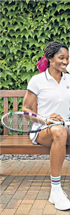  ??  ?? On the ball: (left to right) Ama Agbeze, Anne Keothavong and Danielle Carter meet up to discuss the future of women’s sports at Wimbledon, and (below) Ama on the court