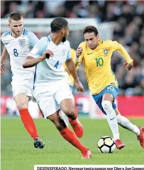  ??  ?? DESINSPIRA­DO. Neymar tenta passar por Dier e Joe Gomez