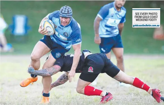  ?? Picture: AAP IMAGE/RICHARD GOSLING ?? Helensvale’s Tyron Jones goes on the charge in his side’s narrow loss to high-flying Colleges.