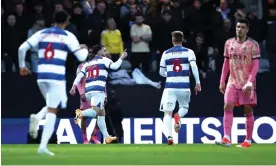  ?? Photograph: Steven Paston/PA ?? Ilias Chair (second left) celebrates after opening the scoring for QPR in the eighth minute.