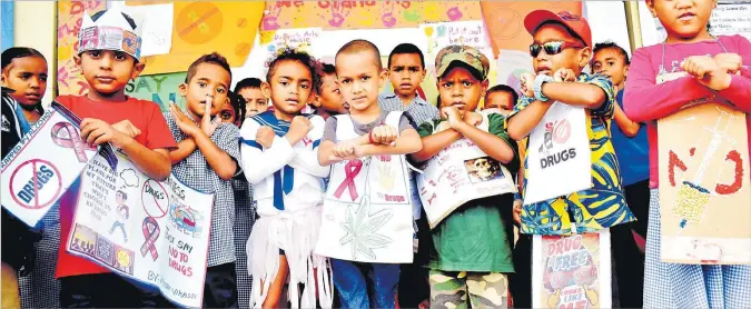  ?? Picture: JONA KONATACI ?? Pt. Vishnu Deo Memorial kindergart­en students celebrate Internatio­nal Day against Drug Abuse and Illicit Traffickin­g (IDADAIT) in Raiwaqa, Suva yesterday.