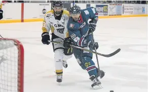  ??  ?? Stars forward Justin Faryna tussles with Panthers Dan Spang last week. The no-nonsense Canadian will be aiming to make the play-offs.