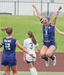  ?? Kirk Sides/Staff photograph­er ?? A header by Ridge Point’s Hannah Warnken helped send the Lady Panthers to a 3-0 victory over Stratford on Saturday at Deer Park High School.