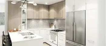  ??  ?? Kitchens at the Bowker Collection in Oak Bay will feature a Bertazonni gas range, a refrigerat­or/freezer and dishwasher by Fisher and Paykel, and a Panasonic microwave.