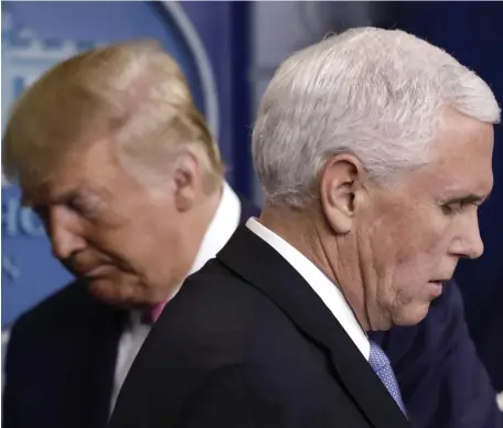  ?? TNS ?? PARTISAN PLAY: President Trump and Vice President Mike Pence wrap up a news conference Thursday to go over federal plans regarding the coronaviru­s. Those plans drew a hasty rebuke from Senate Majority Leader Charles Schumer and House Speaker Nancy Pelosi, below.