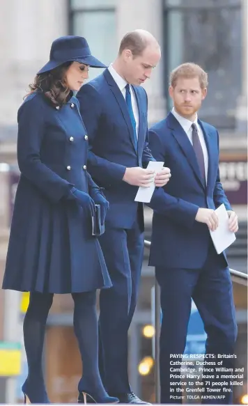  ?? Picture: TOLGA AKMEN/AFP ?? PAYING RESPECTS: Britain's Catherine, Duchess of Cambridge, Prince William and Prince Harry leave a memorial service to the 71 people killed in the Grenfell Tower fire.