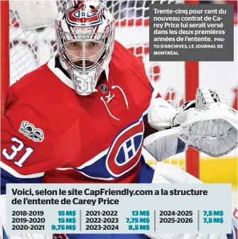  ??  ?? Trente-cinq pour cent du nouveau contrat de Carey Price lui serait versé dans les deux premières années de l’entente.
PHOTO D’ARCHIVES, LE JOURNAL DE MONTRÉAL