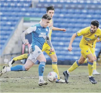  ??  ?? Sammie Szmodics is about to score his second goal for Posh against Wimbledon.