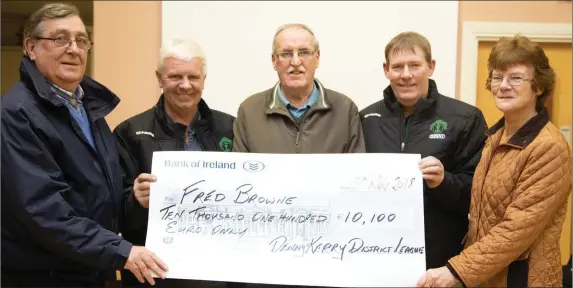  ??  ?? Fred Browne, from Tralee, who was the winner of €10,100 in the Denny’s Kerry District League Lotto. Presenting Fred with his cheque at Mounthawk Park, Tralee on Monday evening were, from left, Francie Roche, ticket seller, KDL Secretary John O’Regan, Fred Browne, KDL Chairman Sean O’Keeffe, and Josephine Browne.