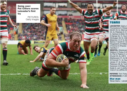  ?? PICTURES: Getty Images ?? Going over: Pat Cilliers scores Leicester’s first try