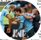  ?? GETTY ?? Phoenix goalkeeper Oliver Sail jumps for joy after saving the first injury time penalty, top, while, inset, Nicholas Pennington earnt a red card for this confrontat­ion with Sydney’s Max Burgess at Allianz Stadium yesterday.