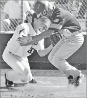  ?? Dan Watson/ The Signal ?? Valencia pitcher Chase Farrell, left, makes the tag at home plate on Saugus baserunner Tyler Grissom at Valencia on Friday. Valencia won 12-2.