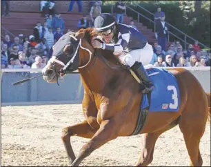  ?? Submitted photo ?? EX-CLAIMER: Jockey Fernando De La Cruz won a first-level allowance/ optional claimer on March 3 at Oaklawn Park in Exclamatio­n Point’s twoturn debut. Exclamatio­n Point is likely headed for stakes company following another claiming victory at Keeneland....