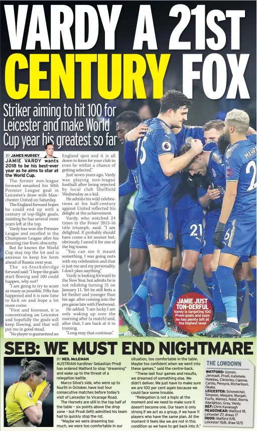  ??  ?? JAMIE JUST TON-DERFUL Vardy is targeting 100 Prem goals and says he has plenty left at the highest level