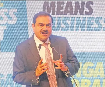  ?? Picture: REUTERS/RUPAK DE CHOWDHURI ?? Indian billionair­e Gautam Adani addresses delegates during the Bengal Global Business Summit in Kolkata, India.