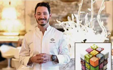  ?? — AFP ?? Culinary celebrity: Grolet has been named the top patissier on the planet by The World’s 50 Best Restaurant­s list. (Inset) His Rubik’s cube cake has become a cult favourite on the fashionabl­e Parisian dinner circuit.