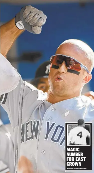  ?? GETTY ?? Brett Gardner celebrates his three-run homer during the fifth inning on Saturday in Toronto.