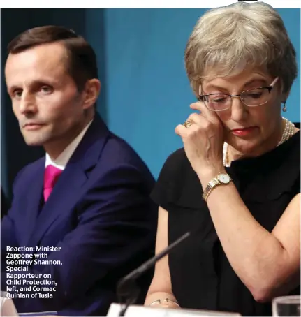  ??  ?? Reaction: Minister Zappone with Geoffrey Shannon, Special Rapporteur on Child Protection, left, and Cormac Quinlan of Tusla