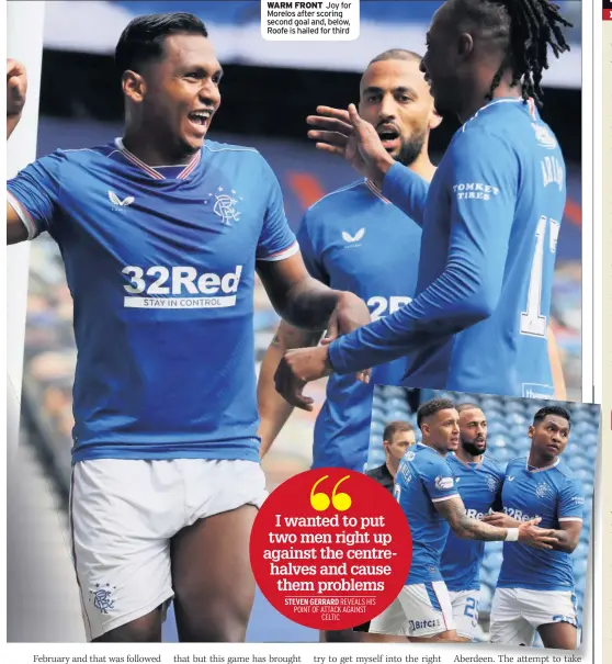  ??  ?? WARM FRONT Joy for Morelos after scoring second goal and, below, Roofe is hailed for third