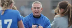  ?? RICH HUNDLEY III — FOR THE TRENTONIAN ?? Princeton coach Dave Kosa, center, talks to his team during the Group III girls soccer state final at Kean University.