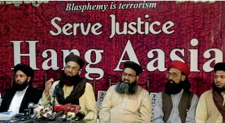  ?? AP ?? Ashraf Asim Jalali, second from left, the leader of Pakistan’s Tehreek-e-Labbaik religious party, addresses a news conference with others regarding the acquittal of Christian woman Asia Bibi, in Lahore.