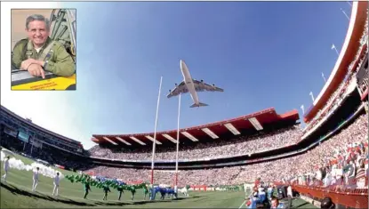 ?? PICTURE: GALLO IMAGES ?? Laurie Kay, inset, flew an SAA jumbo jet bearing ‘Good Luck Bokke’ over the Ellis Park Stadium before the 1995 Rugby World Cup final between South Africa and New Zealand on June 24. Kay died yesterday at the Skukuza Rest Camp in Kruger National Park...