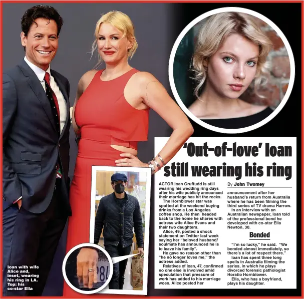  ??  ?? Ioan with wife Alice and, inset, wearing his ring in LA. Top: his co-star Ella