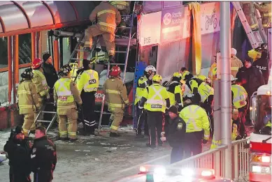  ??  ?? First responders are on the scene after a double-decker city bus struck a transit shelter Friday in Ottawa.