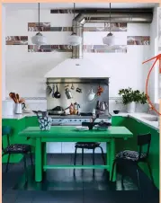  ??  ?? Give the kitchen a full update using wall paint, chalk paint, wax, lacquer, stencils and fabrics from Annie Sloan to achieve a bold effect. Or keep it simple and splash out on one piece of feature furniture
Cupboards and table in chalk paint in Antibes Green; chairs in chalk paint in Amsterdam Green,
both £21.95 per 1L, Annie Sloan