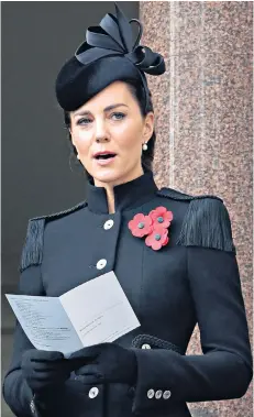  ??  ?? The Duchess of Cambridge, above, takes part in the Remembranc­e Sunday service at the
Cenotaph on Whitehall, left, observing from a balcony. During the service, the Prince of
Wales laid two wreaths at the Cenotaph, one on behalf the Queen and one for himself, below