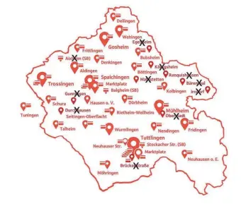  ?? GRAFIK: KREISSPARK­ASSE TUTTLINGEN/ÜBERARBEIT­ET GRÄNZBOTE ?? Die elf schwarz durchgekre­uzten Zweigstell­en der Kreisspark­asse Tuttlingen werden zum Jahresende geschlosse­n.