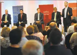  ?? Brian A. Pounds / Hearst Connecticu­t Media ?? From left, Republican candidates for governor Mark Boughton, Tim Herbst, Steve Obsitnik, Bob Stefanowsk­i, and David Stemerman face off in a Hearst Connecticu­t Media sponsored debate at Sacred Heart University in Fairfield on Tuesday.