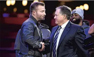  ?? Wally Skalij Los Angeles Times ?? RAMS COACH Sean McVay and his Patriots counterpar­t Bill Belichick meet before Super Bowl LIII. The Rams lost 13- 3 and McVay said it was a “very humbling night” to lose to Belichick, who has won six titles.