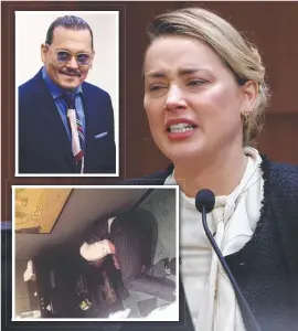  ?? ?? US actor Amber Heard testifies at the Fairfax County Circuit Courthouse; and (inset, top) actor Johnny Depp during a break at court; and an image of him supplied to court passed out. Pictures: AFP