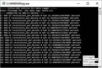  ??  ?? Data logger output showing RPM, speed and engine-load.