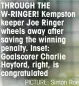  ?? PICTURE: Simon Roe ?? THROUGH THE W-RINGER! Kempston keeper Joe Ringer wheels away after saving the winning penalty. Inset: Goalscorer Charlie Hayford, right, is congratula­ted