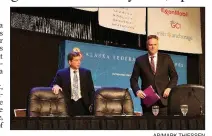  ?? AP/MARK THIESSEN ?? Two of Alaska’s gubernator­ial candidates, Democrat Mark Begich (left) and Republican Mike Dunleavy, take the stage Friday for a debate in Anchorage. A seat was left empty after Gov. Bill Walker, an independen­t, ended his campaign.