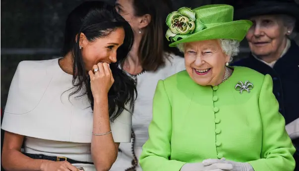  ??  ?? THE MOTHER-IN-LAW: Above, Meghan and Queen Elizabeth share a joke. However Thomas Markle (below) seems unable to stop talking to the media about his daughter who has now married into a dynasty which is normally careful to only wed their own kind, a rule broken by Prince Harry