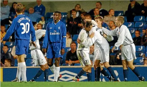  ?? GETTY IMAGES ?? Ben Wright celebrates after scoring for Norwegian club Viking FK against English giants Chelsea in a Uefa Cup match at Stamford Bridge in London in 2002.