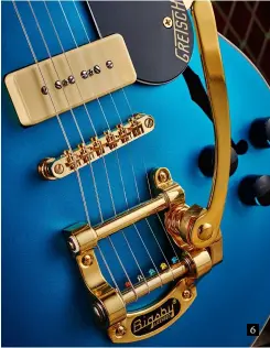  ??  ?? This Junior is the only Streamline­r that comes with gold-plated hardware. Both Bigsbys are licensed versions, but sadly don’t have the excellent ‘string-through’ string attachment of the Gretsch Players Edition Bigsby-equipped guitars