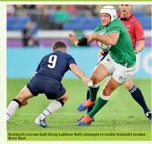  ??  ?? Scotland’s scrum-half Greig Laidlaw (left) attempts to tackle Ireland’s hooker Rory Best