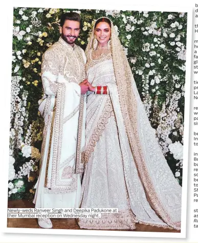  ??  ?? Newly-weds Ranveer Singh and Deepika Padukone at their Mumbai reception on Wednesday night.