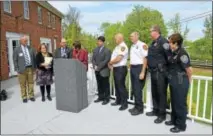  ?? CASSANDRA DAY ?? From left, Dr. Jeff Shelton, Navarretta, Allen, DeLauro, Mayor Dan Drew, Fire Chief Robert Kronenberg­er, Middletown Fire Assistant Chief Jay Woren, Middletown Police Capt. Sean Moriarty and Lt. Heather Desmond take part in the news conference.