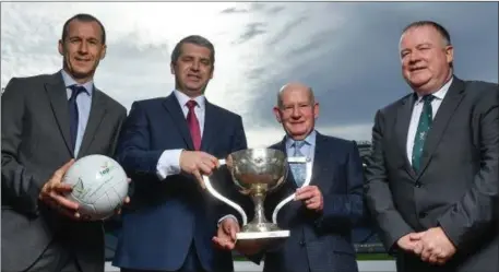  ??  ?? Louth GAA Chairman Des Halpenny, second from left, pictured at the Top Oil Leinster ‘A’ Championsh­ip draw. The John Mitchel’s clubman was recently appointed chairman of Leinster GAA Post Primary Schools Committee.