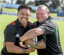  ?? JOHN BISSET/STUFF ?? All Blacks great Keven Meleamu is on a whistle-stop visit to Timaru to take part in a seminar hosted by the South Canterbury Rugby Union to build stronger relationsh­ips with the Pasifika community and players. He is pictured with Nigel Walsh, South Canterbury’s Heartland rugby coach.