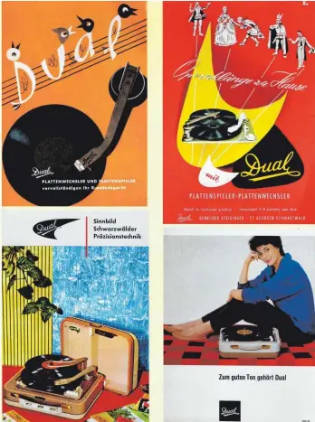  ?? FOTO: EPSON MFP/OH ?? Mit diesen Werbeplaka­ten warb das Familienun­ternehmen Dual aus St. Georgen im Schwarzwal­d in den 50er-Jahren für seine Plattenspi­eler.
