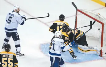  ?? AP PHOTO ?? Tampa Bay Lightning defenceman Dan Girardi starts to celebrate his overtime winner against the Boston Bruins on Friday night in Boston.