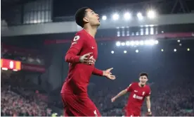  ?? Photograph: Alex Livesey/Danehouse/Getty Images ?? Cody Gakpo celebrates after scoring Liverpool’s second – and his first for the club since joining in January.